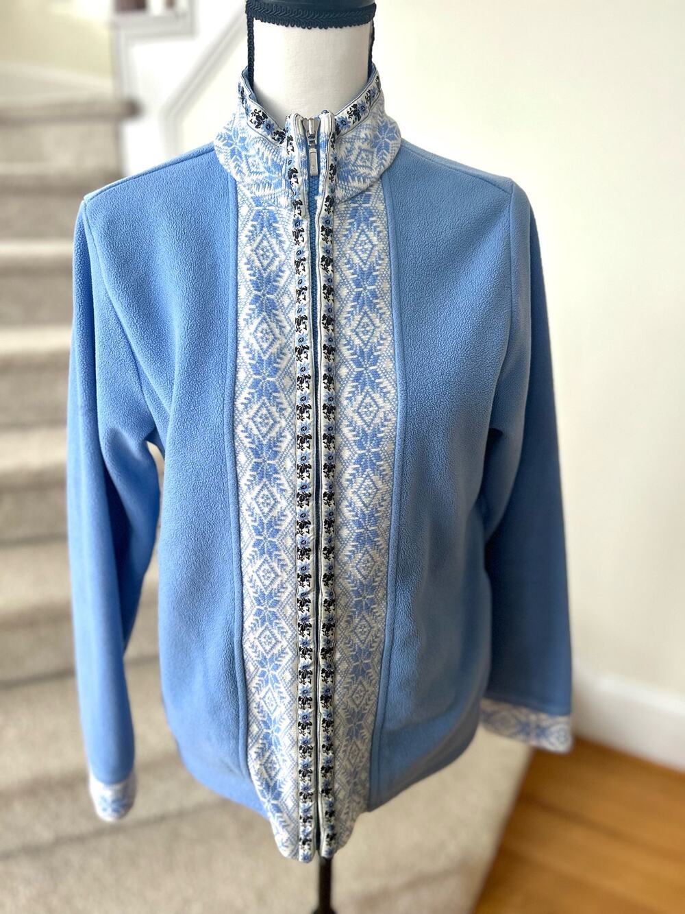 Vintage L.L. Bean Blue Nordic Edelweiss Printed Zippered Fleece